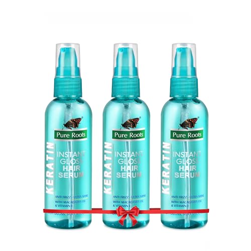 Image of Pure Roots Keratin Hair Serum 100ml (Pack of 3) for Protection and Shine, Dry, Flyaway & Frizzy Hair | Instant Shine & Smoothness | Regular Us | Soft & Silky Touch -Total - 300ml