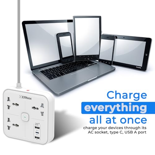 Image of Embox Extension Board 2 Meter Cable | USB Ports 2 QC1 PD (20W) and 3 Universal Sockets | Extension Cord with Overload Protector | 2500W Extension Board with Switches Safety Shutter LED Indicator