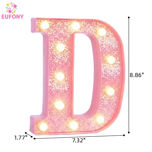 Image of Pink Marquee Light Up Letters, Glitter Alphabet LED Letter Lights for Pink Birthday Party Decorations, Battery Operated Letter Sign for Girls Room Vanity Table Decor, Warm White Lights Letter D