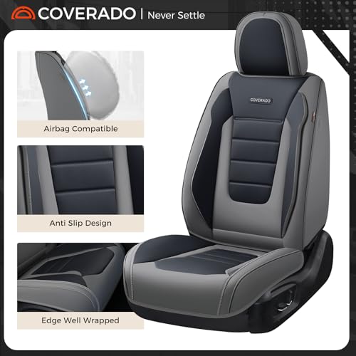 Image of Coverado Car Seat Covers Full Set, Nappa Leather Seat Covers for Cars, Car Seat Protector Car Seat Cushion, Front and Back Seat Protectors Cushions Universal Fit for Most Cars Vehicles(Gray&Black)