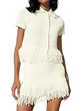 Fisoew Womens 2 Piece Crochet Outfits Short Sleeve Button Knit Sweater Tops Fringe Skirt Summer Vacation Sets Beach Cover Ups White