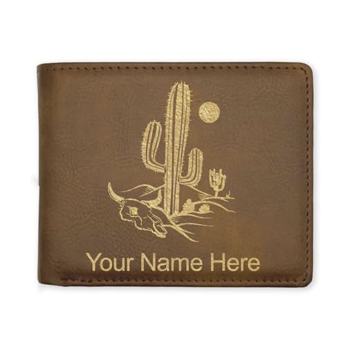 LaserGram Faux Leather Bi-Fold Wallet, Cactus, Personalized Engraving Included (Rustic with Gold)
