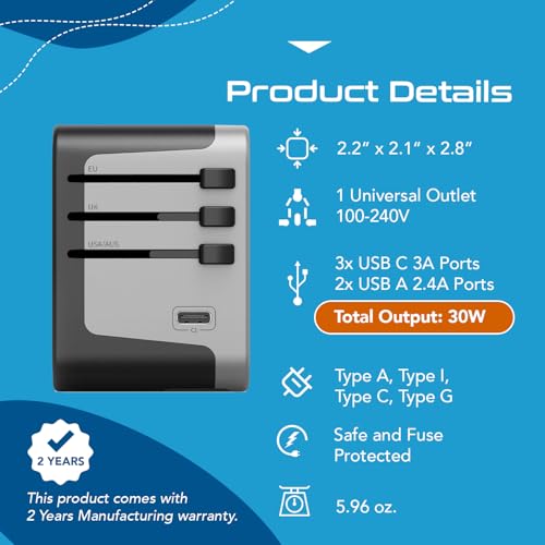 Image of Universal Travel Power Adapter, Ceptics 6 in 1 Worldwide International Wall Charger with 2X USB-A - 3X USB-C 6A, Travel Power Adapter for for USA EU UK AUS Mobiles Laptops Cameras, UP-30KU-BL