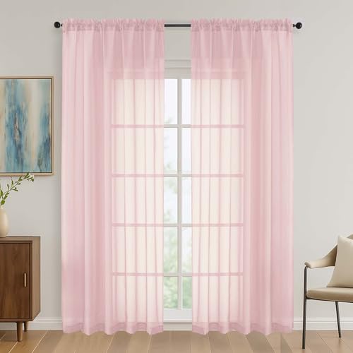Image of OVZME Blush Pink Sheer Curtains 84 Inches Long 2 Panels Set, Light Filtering Sheer Curtains for Living Room Bedroom 59 Inch Extra Wide, Modern Voile Filmy Rod Pocket Window Drapes, 59Wx84L Inches