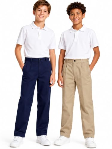 Image of HILEELANG Boys Chino Pants School Dress Pants Straight Leg with Pockets | Cotton Blend Fabric, Elastic Back Waist, Classic Chino Style, Side Pockets, Perfect for School Uniforms and Everyday Wear