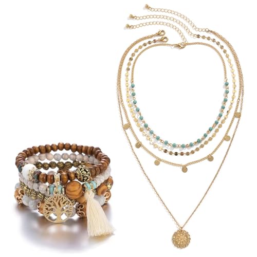 PacuM 2 Stück Boho Schmuck Set Boho Halskette Damen Schmuck Armband Sommer Türkiskette Jewelry Sommerschmuck Kette Sommer Verstellbar für Familie Freunde Kollegen und...