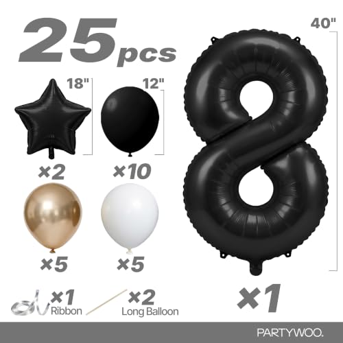 Image of PartyWoo Black Number 8 Balloon 40 Inch 25pcs Black Foil Star White Gold