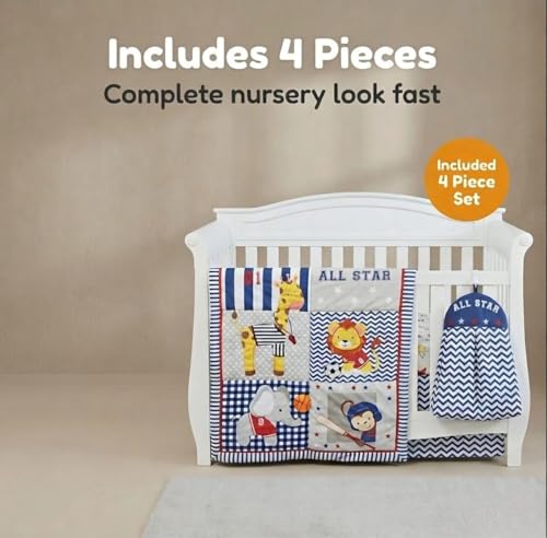Image of EVERYDAY KIDS 4 Piece Boys Crib Bedding Set - Jungle Sports - Soft 100% Cotton Percale - Includes Quilt, Fitted Sheet, Dust Ruffle and Diaper Stacker - Nursery Bedding Set - Baby Crib Bedding Set