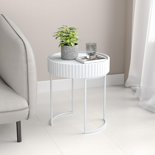 [en.casa] Beistelltisch rund Rill Wohnzimmertisch gerillt 46 x Ø40 cm Nachttisch Sofatisch Flur Metallgestell Weiß