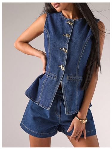 WDIRARA Women's Button Down Denim Vest Sleeveless Tank Top Jean Waistcoat with Metal Buckle2