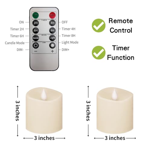 Image of 3x3 Flickering Flameless Candles Set of 2,3 inch Real Wax LED 600 Hours Battery Candles with Timer Remote,Control for Wedding Party Indoor,Ivory