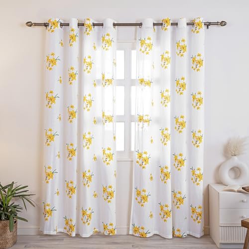 HOMEMONDE Cotton Sheer Long Door Curtains 9 Feet Set of 6 - Linen Textured Light Filtering Curtain, Yellow Flower Printed Panels - (108 Inches)
