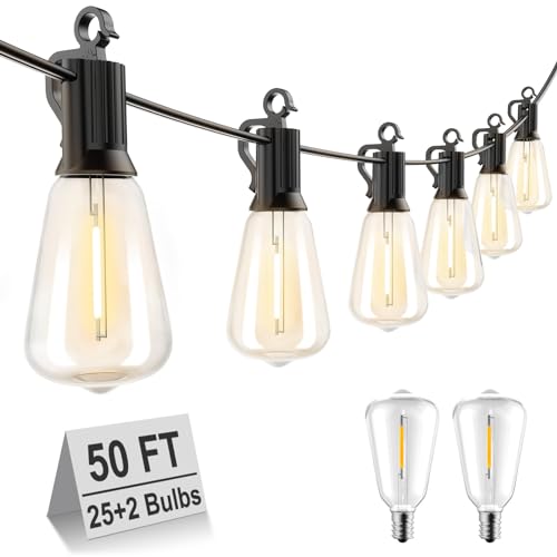 Brightown Outdoor String Lights LED 50FT Patio Lights with 27 Shatterproof ST38 Vintage Edison Bulbs, Waterproof Outside Hanging Lights for Backyard Deck Garden Party Xmas Decor, 2700K
