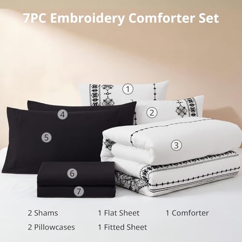Image of MaiReve King Size Comforter Set Embroidery Floral 7 Pieces Bed in a Bag
