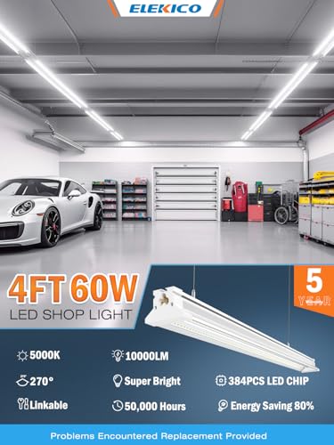 Image of Commercial-grade 10000LM 5000K 60W Linkable 4 Foot Led Shop Lights for Shop | Upgrade Super Bright 4 Pack Hanging&Surface Mount 4' Linkable 4FT Led Shop Light Fixture for Workshop Garage Workbench