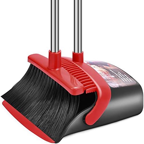 Broom and Dustpan Set, Dust Pan and Broom Combo for Floor Cleaning Dustpan with Teeth for Home Kitchen Lobby Upright Standing Dustpan and Broom Set Long Handle Broom Heavy Duty for Indoor Outdoor
