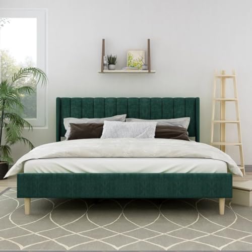 Image of Low Profile Upholstered Platform Bed with Winback Headboard | Bed King Size | Bed Without Storage | Upholstered Beds King Size | Mattress not Included | Green