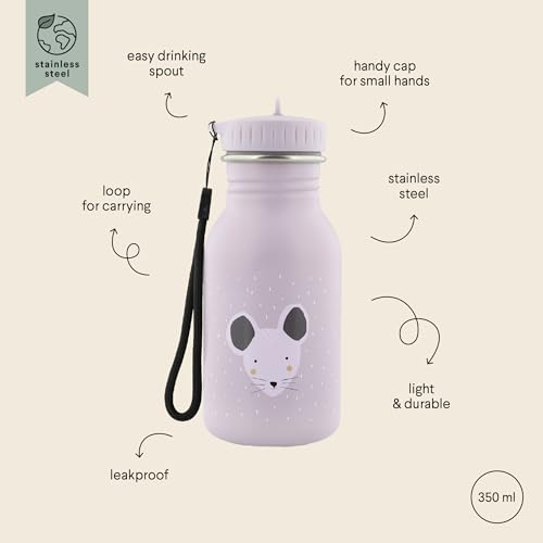 Trixie Baby Trinkflasche aus Edelstahl, 350ml/500ml, Auslaufsicher, mit Tragekordel, Schlanke Form für Kleine Hände, Bruchsicher, ab 3 Jahren (Mrs. Mouse, 350ml)