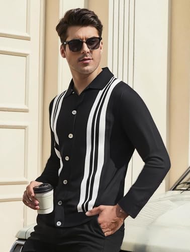 Esabel.C Men‘s Knit Button Down Shirts Long Sleeve Stripe Sweater Casual Ribbed Fashion Polo Shirts for Men3
