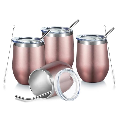 COMOOO Rose Gold Wine Tumbler 12oz Insulated Wine Cup 4 Pack with Lid and Straw Stainless Steel Wine Glass Tumbler Coffee, Wine, Champagne, Cocktails, Rose Gold