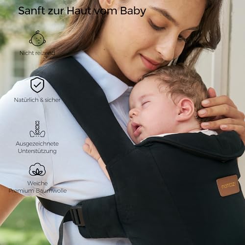 Momcozy Babytrage Neugeborene ab Geburt | Ergonomische Tragehilfe mit Nackenstütze | Leicht & sicher (3.5-11 kg),Schwarz