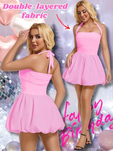 Image of ChiaoLezhee Halter Mini Bubble Dress, Date Night Birthday Homecoming, Coquette Short Corset for Women, Sexy Cute Going Out