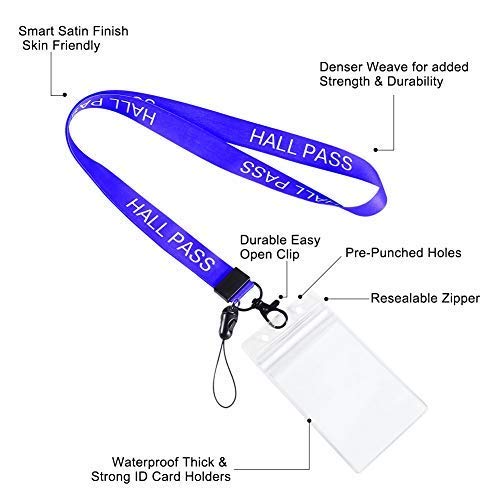 Melife 6 Pack Hall Pass Lanyards with ID Badge Holder Card Passes & Safety Breakaway Lanyards Keys J Hooks Clip Vertical Plastic Sleeve Cover Waterproof Nametags Protectors Office School -Blue - Thumbnail 2