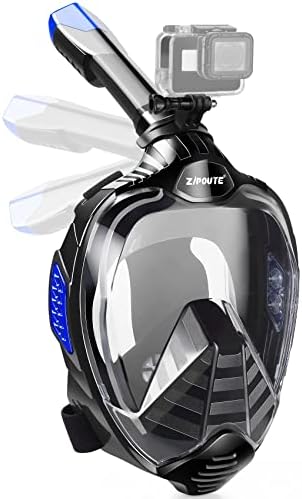 ZIPOUTE Snorkel Mask, Foldable Full Face Snorkel Mask with Detachable Camera Mount and Earplugs, 180 Panoramic View Anti-Fog Anti-Leak Snorkeling Mask Full Face for Adults (Black/Dark Blue, L/XL)