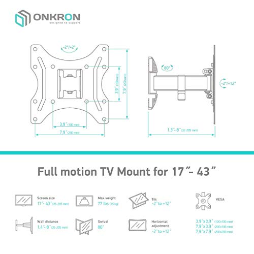Onkron Tv Wall Mount Tilt Swivel For 17” – 43 Inch Lcd Led Screens Up To 77 Lbs Np24 Black #TOP3
