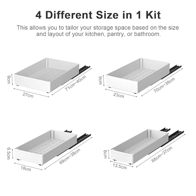 4 Pack Pull Out Cabinet Organizer, Different Size Pull Out Drawers for Cabinets, Peel and Stick Slide Out Drawer Shelves, Multifunctional Drawer Organizers for Kitchen, Pantry, Bathroom (White)