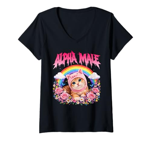 Women's Alpha Male Funny Cat Kitten Rainbow Floral V-Neck T-Shirt