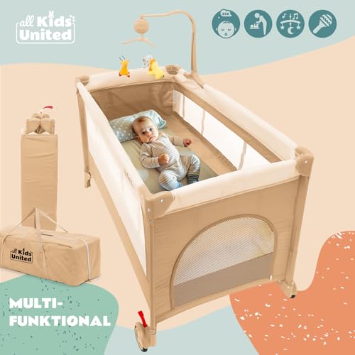 all Kids United® Cuna de Viaje para bebés - Centro para bebés Casa de Viaje Cuna con colchón, Cambiador, Juego de música y móvil (Beige) - imagen 3