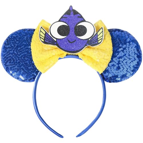 CANMIL Sparkle Bow Headband for Girls Boys Sequin Party Hair Accessories (Blue Ears)