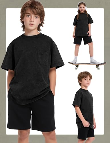 Image of COZYPOIN Unisex Kids Vintage Acid Wash Cotton Tees Crew Neck 3-16Y