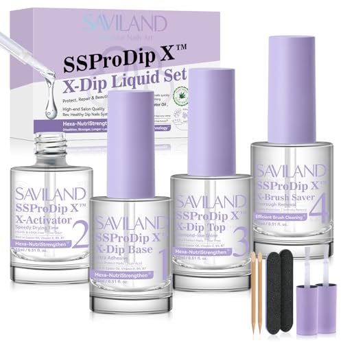 Saviland Kit Liquide de Dip Powder SSProDip X™: Base et Finition/ Protège-Pinceau/ Outils à Ongles, Ensemble de Liquide de Poudre pour Trempage des Ongles...