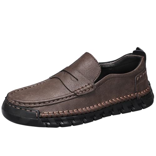 Asifn Men's Leather Loafers Comfortable Casual Slip-On Round Toe Shoes Hand-Stitched Non-Slip Daily Driving Office Walking Shoes