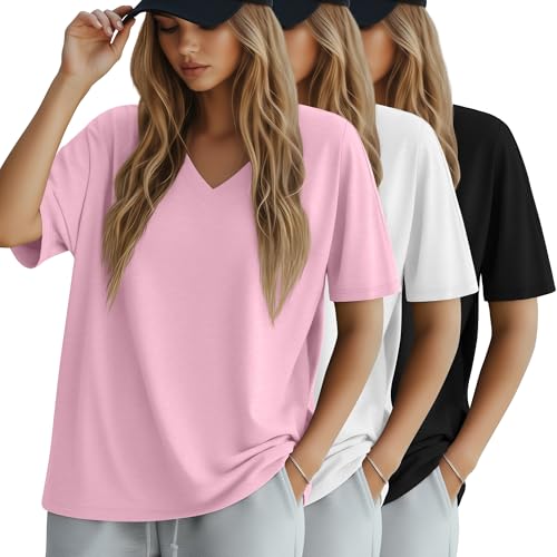Huukeay 3 Pack Women's Oversized Cotton Shirts V Neck Summer Top XL 3Color by Huukeay - Used condition - US$32.66
