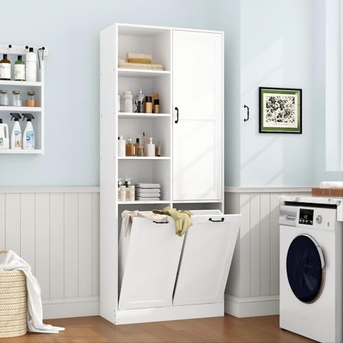 ROMSHINE Double Tilt Out Laundry Hamper, Hidden Laundry Hamper Cabinet with Adjustable Shelves & 2 Tilt Out Trash Cabinets (14 Gallon Each) for Bathroom Kitchen, White 1 Door