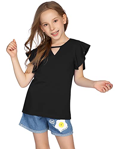 Greatchy Girl Short Sleeve Shirts Cute Ruffle Solid Summer Cotton Tee Blouse Top Black #TOP3