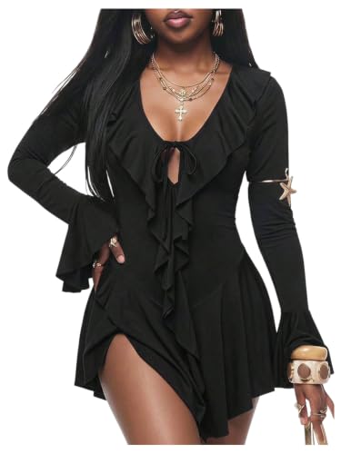 Image of GORGLITTER Women's Bell Long Sleeve Dress Tie Front Skater Mini Dresses