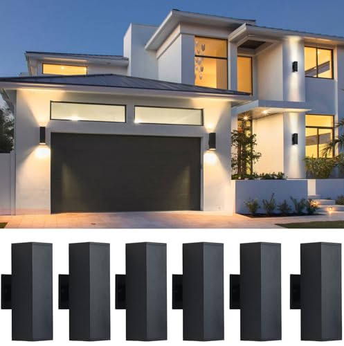 Image of 6 Pack LED Up Down Outdoor Sconce Lights, Modern Exterior Lighting Fixtures | Bulb Incl., 3000K, 12'' Aluminum Black Square Outdoor Lights for House, Waterproof Outside Garage Lights for Porch Front Door