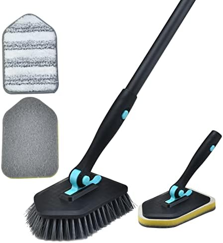 Shower Cleaning Brush with Long Handle, 3 in 1 Tub and Tile Scrubber Brush with 50.4'' Extendable Long Handle Detachable Stiff Bristles Scrub Brush for Cleaning Bathtub Shower Bathroom (Black)