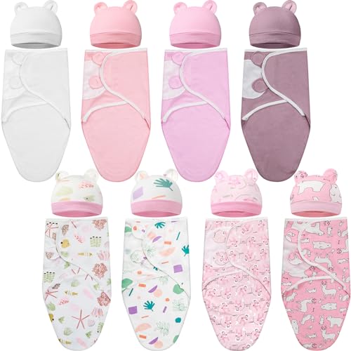 Image of VitalCozy 8 Pack Preemie Swaddle Blanket Wrap with Hat Set for 0-6 Months Cotton Newborn Swaddle Preemie Hats Wearable Premature Receiving Blankets Cap for Newborn Boys Girls(Girl)