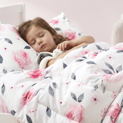 PHF 4 Piece Toddler Bedding Set, Ultra Soft Toddler Comforter Sets Include Comforter, Fitted Sheet, Flat Top Sheet and Pillowcase for Girls, Floral Bed in A Bag for Baby Bedroom, Floral