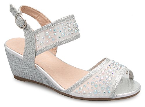 Image of Olivia K Girl's Peep Toe Rhinestone Ankle Strap with Adjustable Buckle Wedge Sandals - Adorable, Comfort, Casual