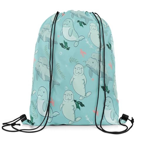 Erosebridal Manatees Draw String Back Bag 13x15.7,Cartoon Manatee Drawstring Bags,Marine Ocean Life Teal Drawstring Backpack,Manatee Family Underwater World Foldable Cinch Bag for Swim Yoga Camping