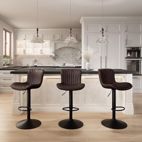 Image of Bar Stools Set of 4 Modern Kitchen Counter Chairs Swivel Barstools Brown | Faux leather upholstered island chairs with backs & metal base. Adjustable Height, easy to clean & load 300 lbs