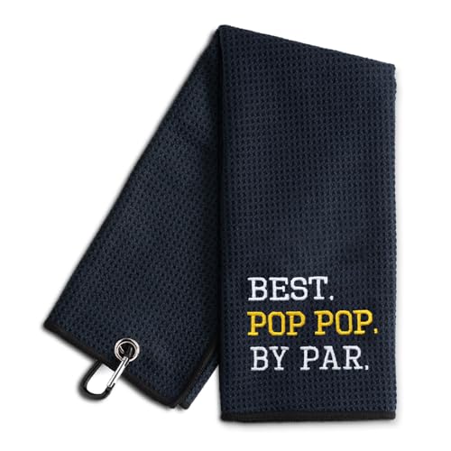 WUUCKOO Best Pop Pop by Bar Embroidered Golf Towel, Funny Golf Towel for Golf Bag with Clip, Retirement Gifts for Grandpa Dad, Fathers Day Birthday Gifts for Grandpa Dad Golf Lover Golf Fan