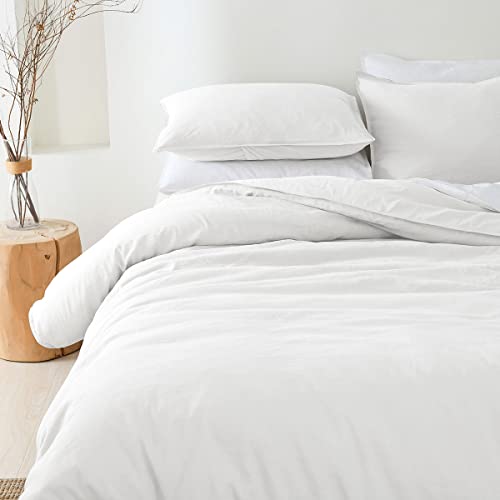 White Linen-Textured 55% Viscose From Bamboo 45% Cotton Duvet Cover Set, Pre-Washed Soft Breathable Queen Size Duvet Cover For Hot Sleepers, Durable Natural Organic Duvet Cover With 2 Pillowcases #TOP6