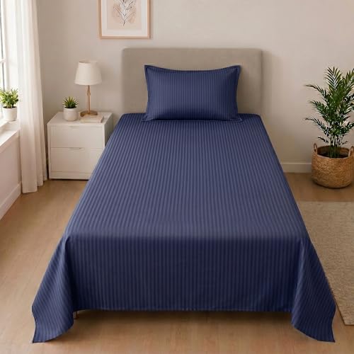 Image of Mafatlal Classic 210 TC 100% Cotton Single Bedsheet | 90 x 60 Inches Cotton | Italian Stripes Pattern | Smooth Feel & Easy Care | Navy Blue
